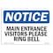 Signmission OSHA Notice Sign, 10" Height, 14" Width, Main Entrance Visitors Please Ring Bell Sign, Landscape OS-NS-D-1014-L-14085 - alternate 1